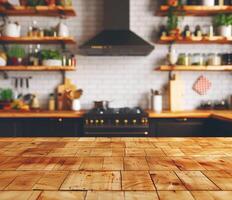 Modern kitchen interior with wooden countertops and open shelving displaying fresh ingredients photo