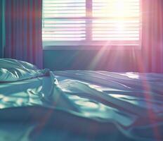 Modern bedroom with sunlight streaming through blinds in a cozy setting photo