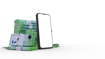 3D rendering of a mobile phone with blank screen in front of stacks of 1000 Nicaraguan Cordoba notes isolated on white background. png