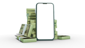 3D rendering of a mobile phone with blank screen in front of stacks of Japanese yen notes isolated on transparent background. png
