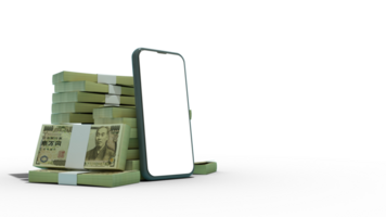 3D rendering of a mobile phone with blank screen in front of stacks of 10000 Japanese yen notes isolated on transparent background. png
