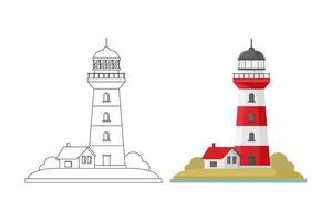 Doodle style white and red lighthouse coloring book illustration with colored sample and clear version isolated on white background. vector