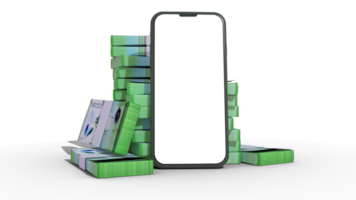 3D rendering of a mobile phone with blank screen in front of stacks of 1000 Nicaraguan Cordoba notes isolated on transparent background. png