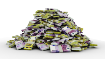 Big pile of stacks of Euro notes a lot of money isolated over transparent background. 3d rendering of bundles of cash png
