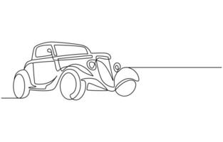 One single continuous line drawing of old vintage car line draw vector