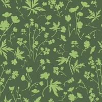 A seamless pattern featuring silhouettes of meadow wildflowers in soft green against a deep forest green background. The design exudes a fresh, nature-inspired charm, perfect for adding a touch of the vector