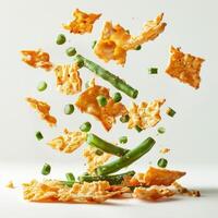 Crunchy chips and green peas flying in the air. The image captures a playful, high-energy moment. photo