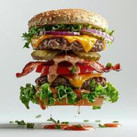 An image of a large burger stack with various toppings. photo