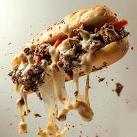 A close-up of a juicy sandwich with melted cheese and sauce oozing out. photo