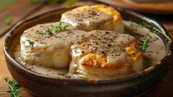 A scrumptious vegetarian casserole served on a wooden table, garnished with fresh herbs and spices. photo