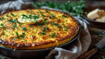 Savory delicious looking home made quiche with melted cheese, fresh herbs and a sunny side up egg photo