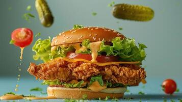 A gourmet burger with toppings and sauce spilling out, including lettuce, tomato, cheese, ketchup, photo