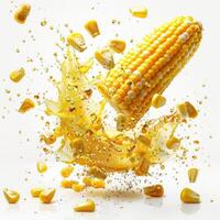 A corn kernel is popping and exploding in a shower of yellow kernels and liquid. photo