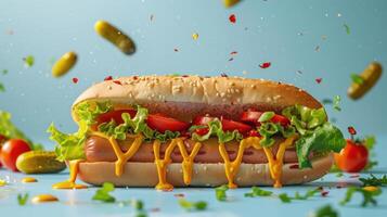 A spicy hot dog sandwich with ketchup and mustard on top. photo