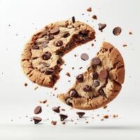 Chocolate chip cookie exploding with chips in mid-air. photo