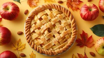 Autumn apple pie on a table with autumn leaves as a backdrop. photo