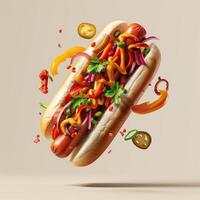 A gourmet hot dog covered with various toppings and condiments, presented in a 3D image. photo