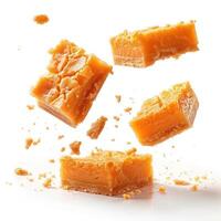 Chocolate bars with crumbles falling off, indicating the bars are soft and crumbly. photo