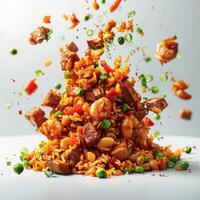 Colorful rice with various ingredients being tossed in the air photo