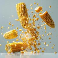 depicts several kernels of corn exploding, photo