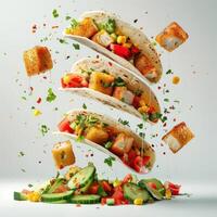 Tasty taco toppings bursting out of each other in a fountain-like display. photo