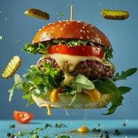 Flying burger with cheese and tomatoes, topped with a side of pickles. photo