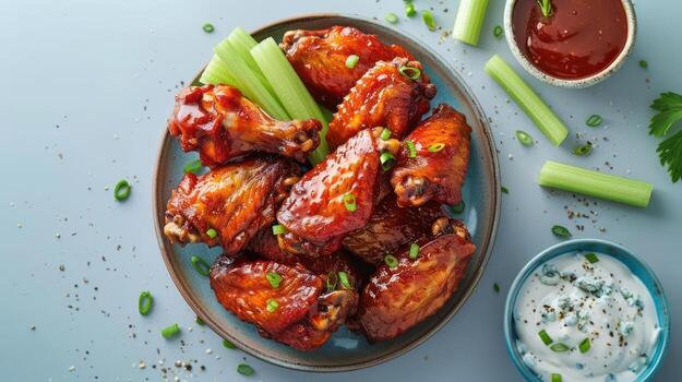 un cuenco de parilla pollo alas coronado con picante miel salsa y apio palos foto