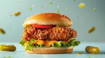 Chicken sandwich on a bun, garnished with pickles and tomato. photo