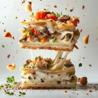 Stack of cheesy pizza cake with melted chocolate, tomatoes and basil, photo