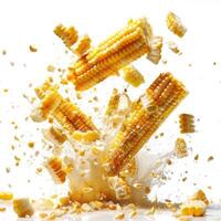 A close-up of corn kernels being shelled, creating a burst of colorful fragments. photo
