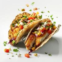 Two fish tacos, cooked and garnished with avocado, salsa, cilantro, jalapeno peppers, tomatoes, photo