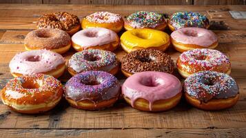 An assortment of different flavored donuts, displayed on a table. photo