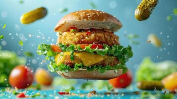 a chicken burger flying through the air with a pickle in the background photo
