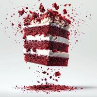 a slice of red velvet cake with white frosting and sprinkles photo