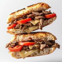 two sandwiches with meat, cheese and tomatoes photo