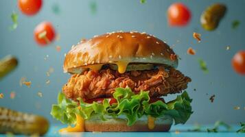 a chicken sandwich with lettuce, tomato, and mayonnaise photo