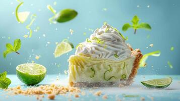 a slice of lime pie with whipped cream and limes around it photo
