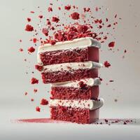 a piece of red velvet cake with white frosting photo