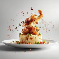 a white plate topped with shrimp and rice photo