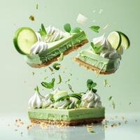 a piece of cake with whipped cream and lime slices photo