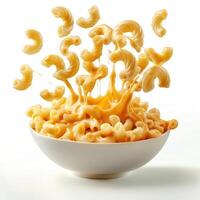 a white bowl filled with macaroni and cheese photo