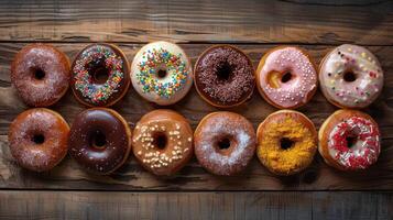 a number of doughnuts on a wooden surface photo
