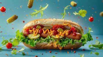 a hot dog with ketchup, mustard, and lettuce photo