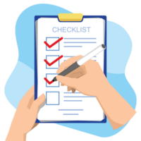 Checklist. Hand holding pen and hand holding clipboard with check list and check marks. Marking checkboxes. Green checkmarks. Flat design. png