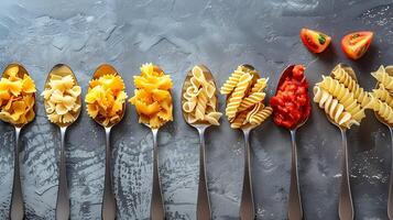 Top view of forks and spoons with different types of yummy pasta placed in row on gray background photo
