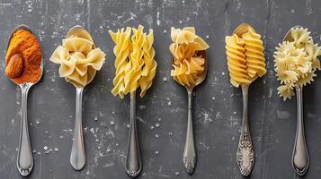 Top view of forks and spoons with different types of yummy pasta placed in row on gray background photo