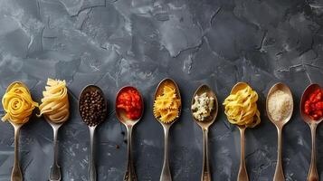 Top view of forks and spoons with different types of yummy pasta placed in row on gray background photo