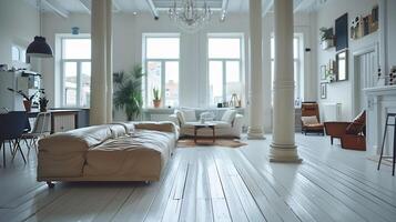minimalist modern interior design huge bright apartment with an open plan in Scandinavian style in white blue and dark blue colors with columns in the center includes kitchen area photo