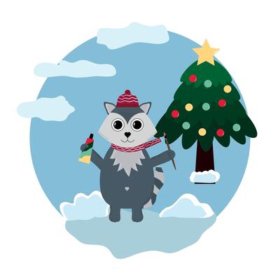 Raccoon with paint and brush paints the Christmas tree.