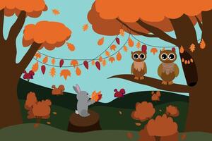 Owls in the autumn forest. the bunny gives the collected leaves to the owls. vector